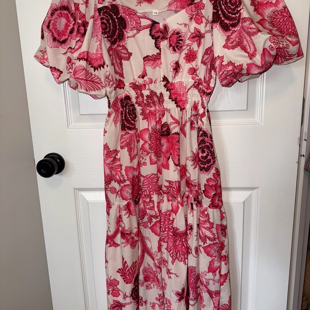 SHEIN Pink and Red Flutter Sleeve Sundress for Weddings